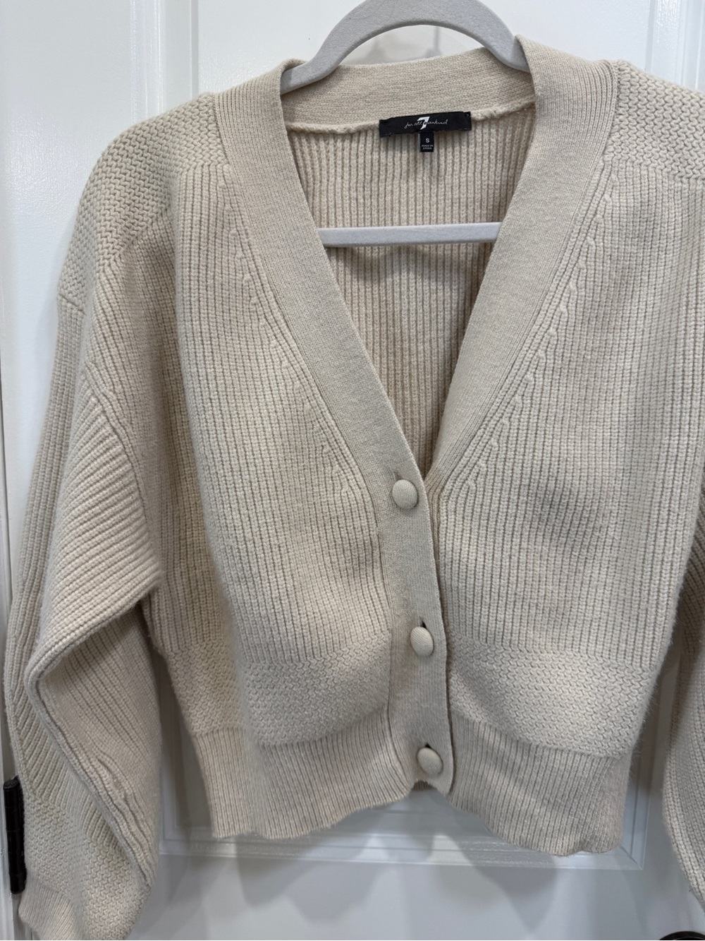 7 For All Mankind Cream Button-Front Ribbed Cardigan - Picture 3 of 6